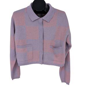 RVCA Knit Cardigan Women Size M Button Up Checkered Cropped Retro Y2K Streetwear